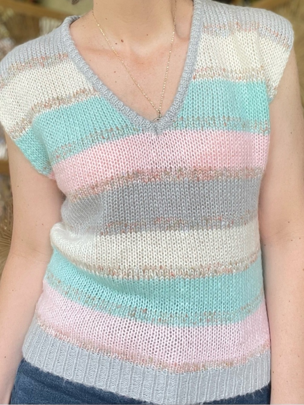 Vintage Evian Ltd. Pastel Pink Blue Grey White Acrylic Wool Knit Sweater Vest